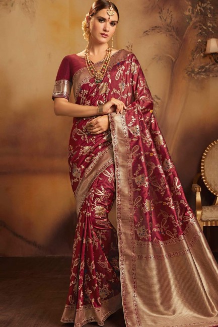 Maroon Saree in Jacquard & Silk with Weaving