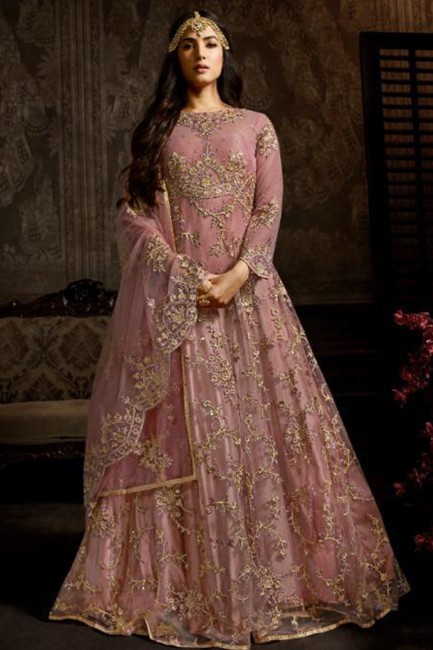 Net Anarkali Suits with Net in old rose 