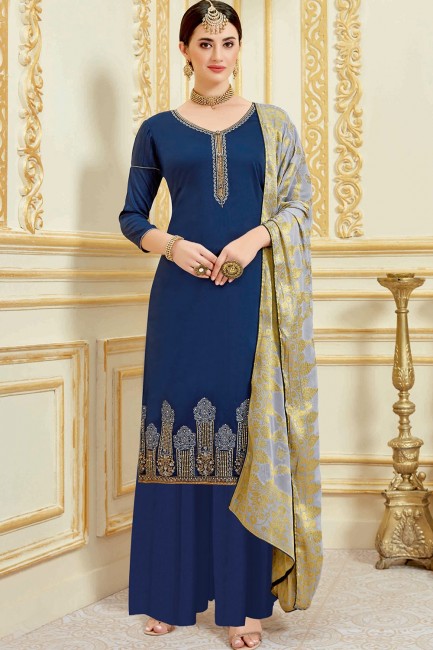 Navy Blue Palazzo Suits in Satin with Satin