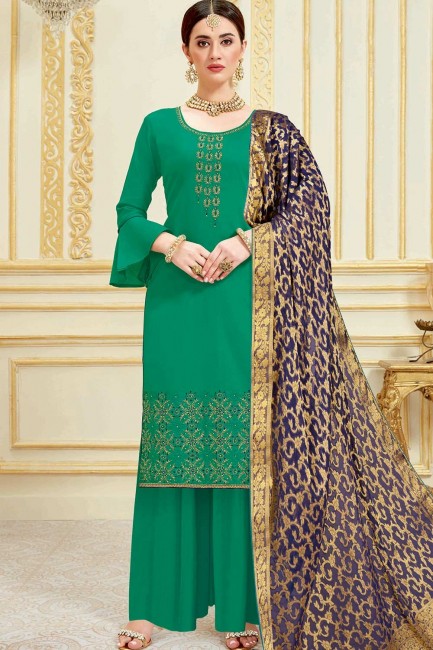 Stylish Green Palazzo Suits in Satin with Satin