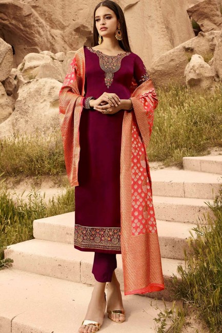 Maroon Satin Georgette Straight Pant Suit with dupatta