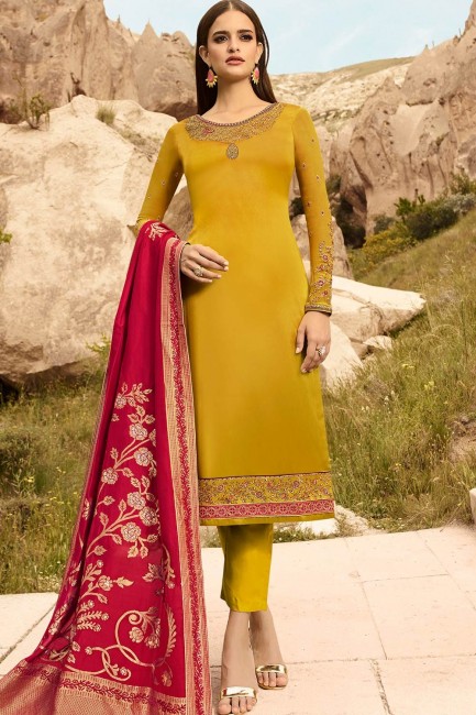 Satin Georgette Yellow Straight Pant Suit in Satin Georgette