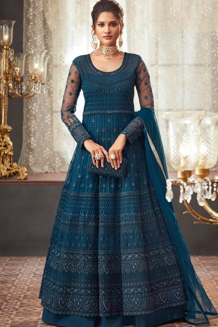 steel Blue Anarkali Suits with Net