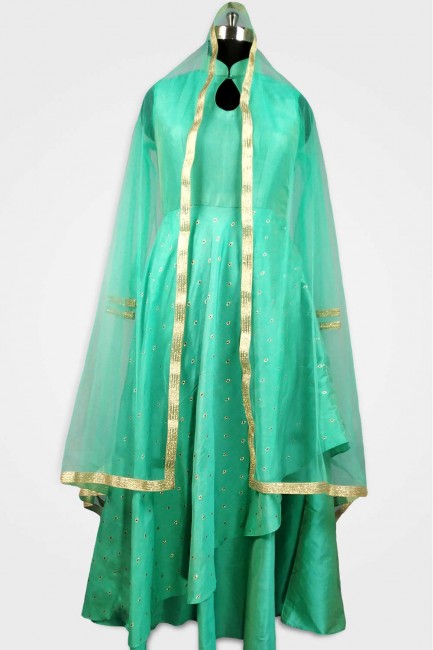Sea Green Silk Churidar Anarkali Suit