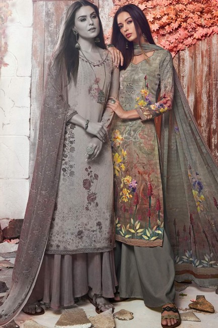 Latest Crepe Palazzo Suits in Grey with dupatta