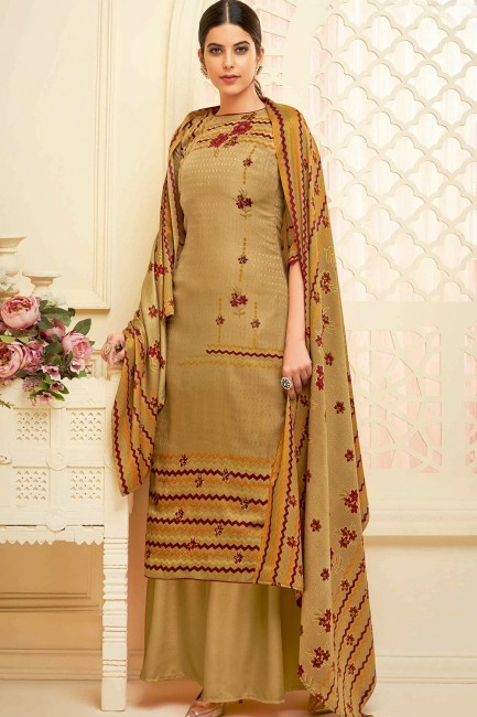 Beige Palazzo Suits with Jacquard Pure pashmina