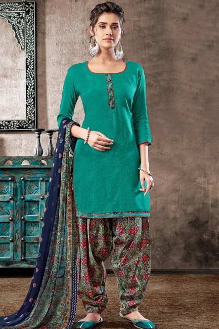 Cotton Patiala Suits in Green Jacquard