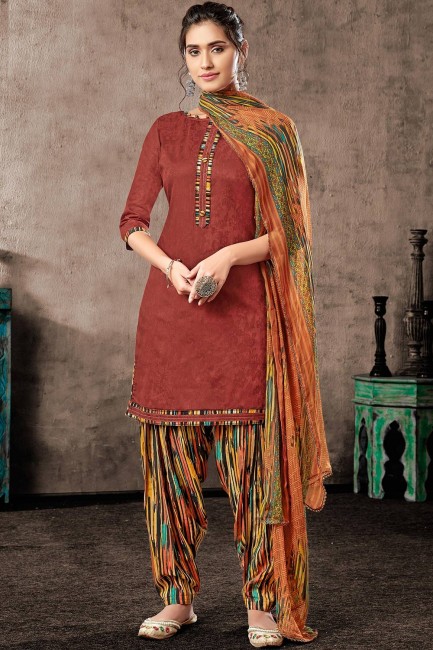 Maroon Cotton Patiala Suits in Jacquard