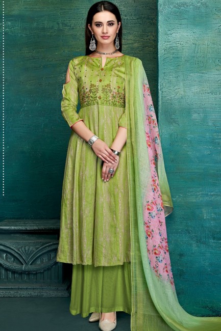 Latest Green Palazzo Suits in Satin with Satin