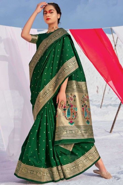 Banarasi Saree in Green Banarasi silk with Weaving
