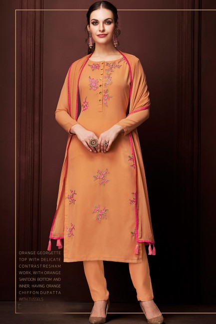 Georgette Straight Pant Suit with Georgette in Orange