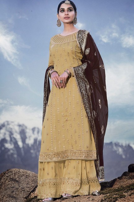 Beige Palazzo Suits in Georgette