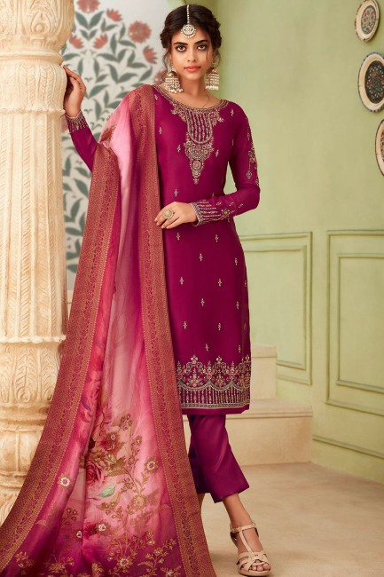 Satin Violet Straight Pant Suit in Georgette