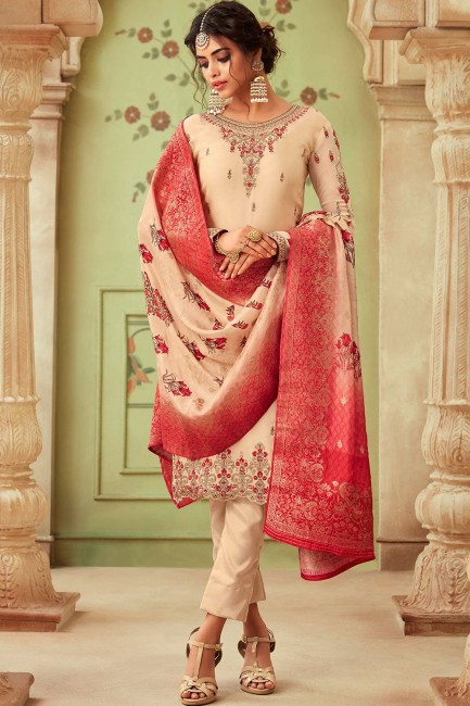 Georgette Satin Straight Pant Suit in Cream with dupatta