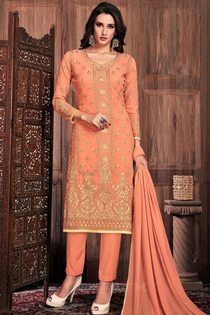 Peach Georgette Straight Pant Straight Pant Suit in Georgette