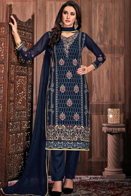 Navy Blue Straight Pant Suit in Georgette