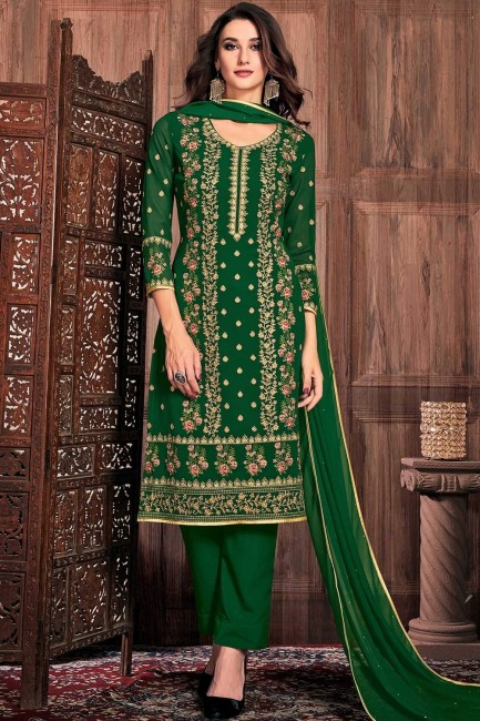 Green Georgette Straight Pant Suit with dupatta