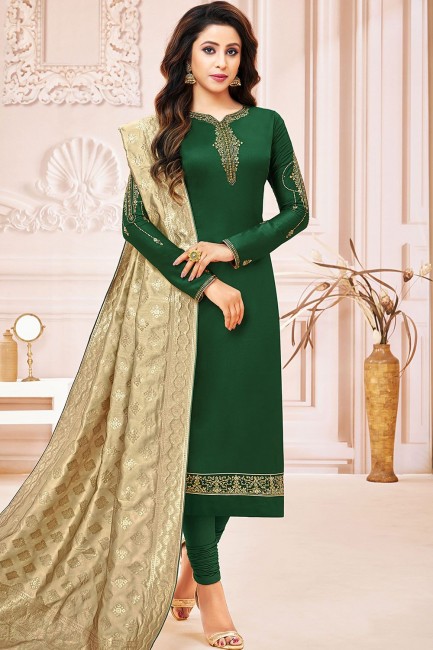 Green Silk Churidar Suits with Cotton