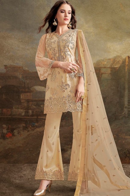 Palazzo Suits in Beige Net with Net