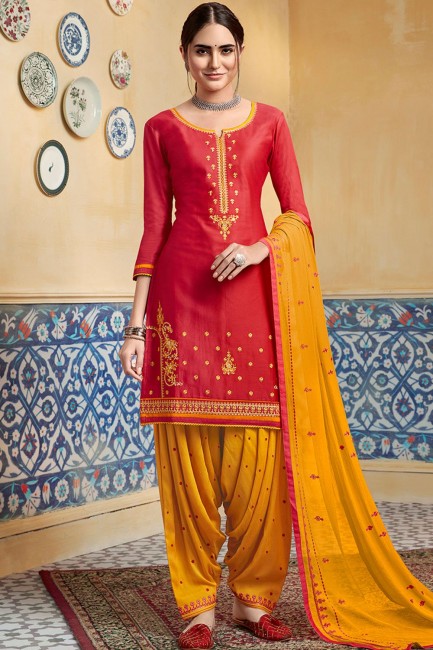 Red Satin Patiala Suits with dupatta