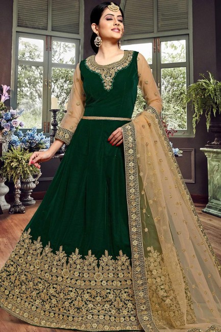 Anarkali Suits in Dark Green Velvet with Velvet