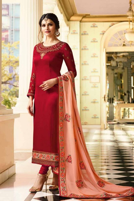 Red color Soft Silk Churidar Suit