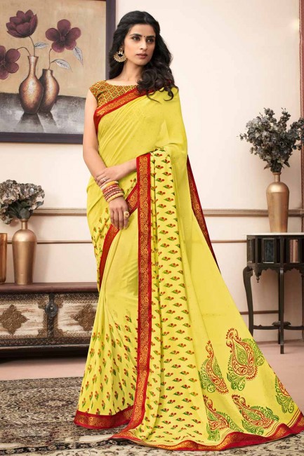 Dazzling Yellow color Georgette saree