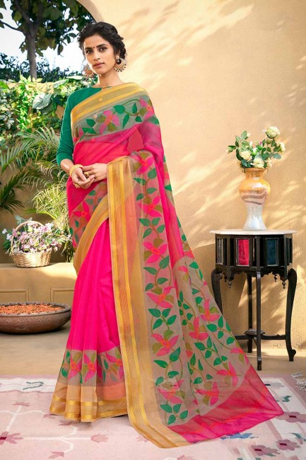 Latest Ethnic Fushchia Pink color Chanderi Art Silk saree