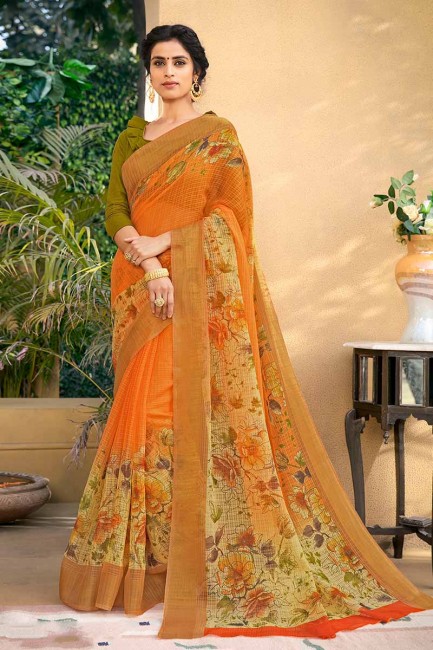 Dazzling Orange color Chanderi Art Silk saree