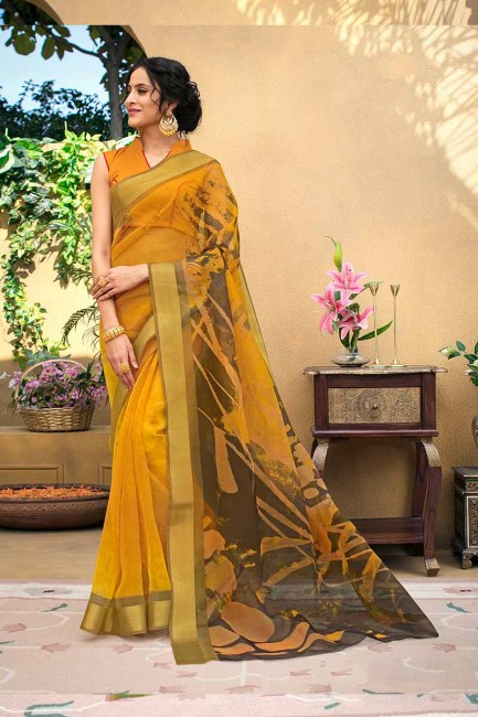 Musturd Yellow color Chanderi Art Silk saree
