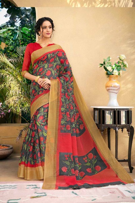Ethinc Grey & Red color Chanderi Art Silk saree