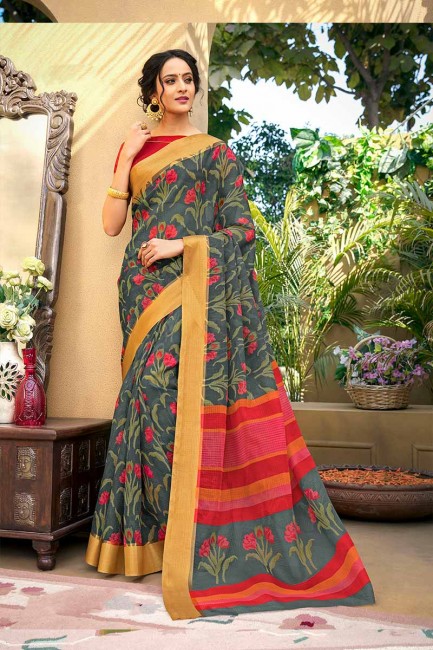 Traditional Grey & Red color Chanderi Art Silk saree