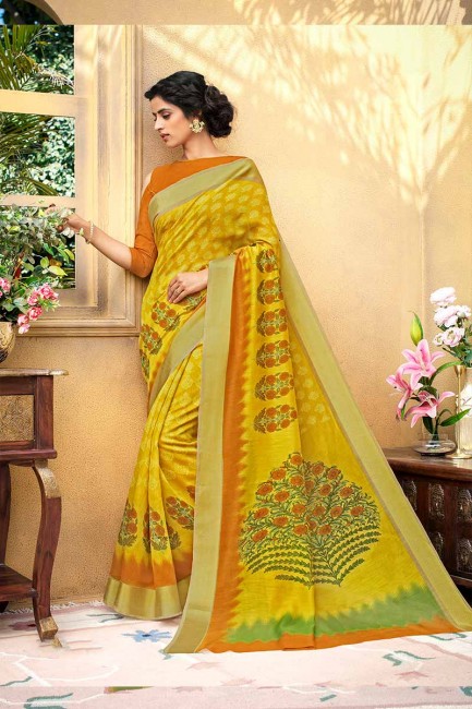 Dazzling Yellow color Chanderi Art Silk saree