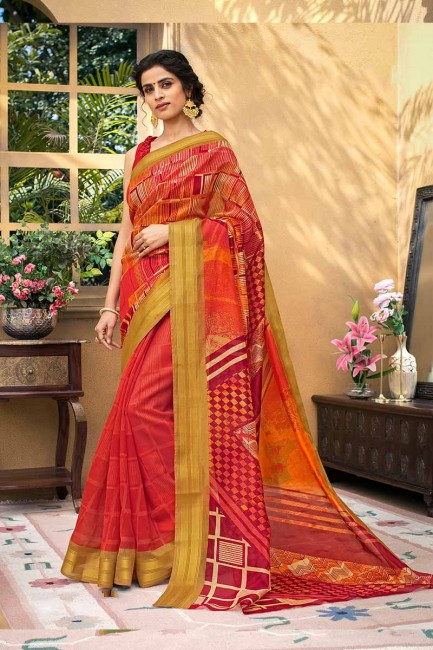 Ethinc Red color Chanderi Art Silk saree