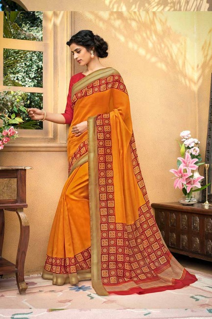 Exquisite Orange color Chanderi Art Silk saree