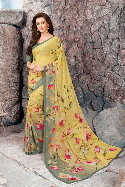 Fascinating Pear Green color Georgette saree