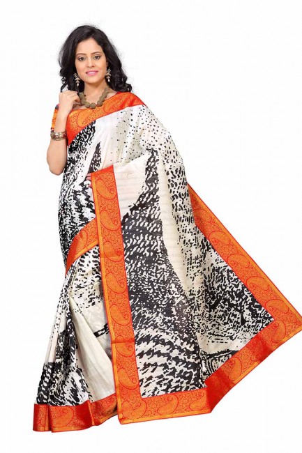 White & Orange color Art Silk saree