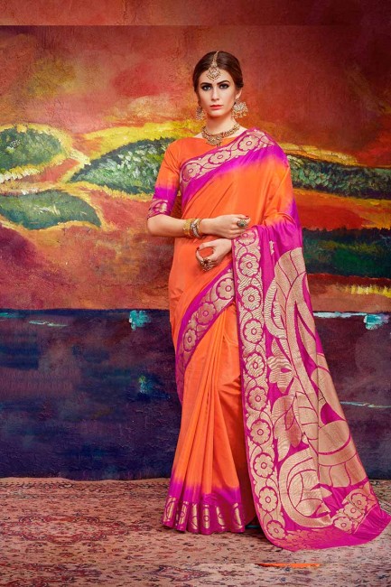 Orange & Rani Pink color Nylon Art Silk saree