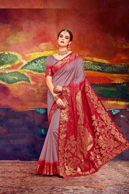 Mauve & Red color Nylon Art Silk saree