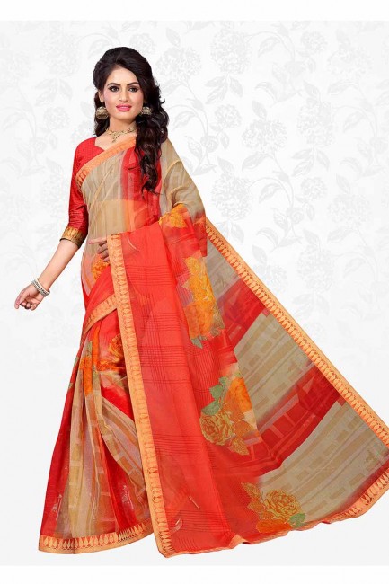 Beige & Orange color Cotton Silk saree