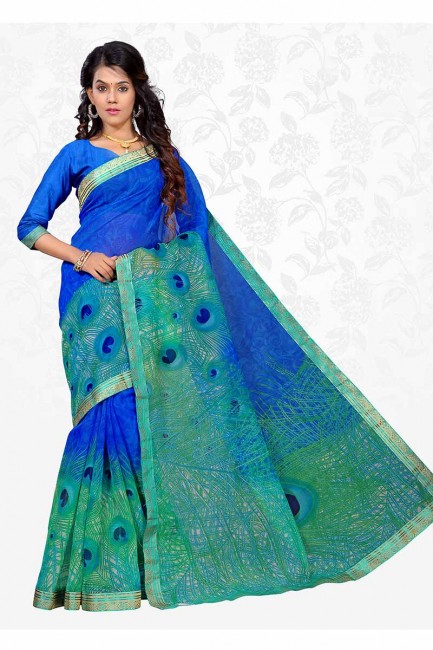 Blue & Sea Green color Cotton Silk saree