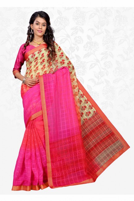 Pink & Cream color Cotton Silk saree