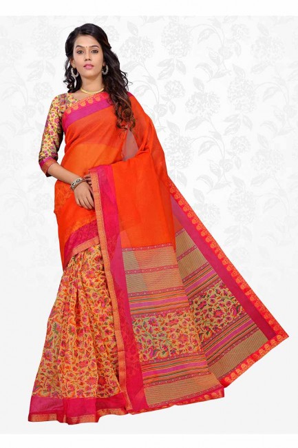 Orange & Multi color Cotton Silk saree