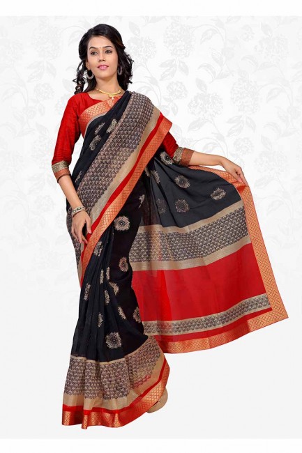 Black & Red color Cotton Silk saree