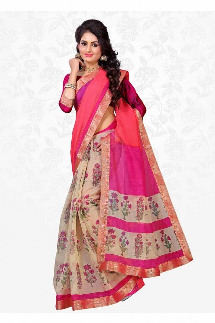 Pink & Off-White color Cotton Silk saree