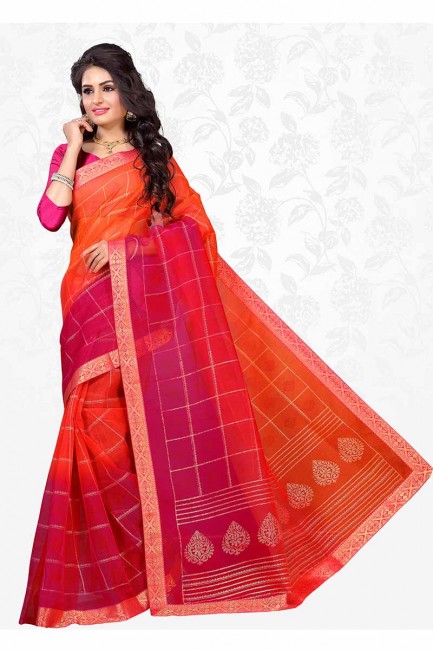 Orange & Dark Pink color Cotton Silk saree