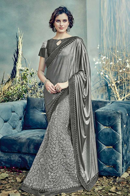 Grey color Fancy Net & Lycra saree