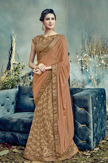 Brown color Fancy Net & Lycra saree
