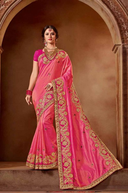 Dark Pink color Chanderi Silk saree