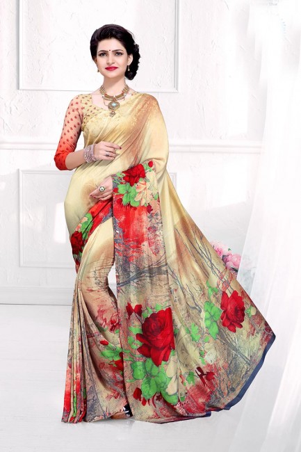 Adorable Beige & Multi color Crepe Silk saree